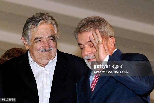 Brazilian President Luiz Inacio Lula da Silva and Uruguay's President Jose Mujica are pictured during a meeting at Itamaraty Palace in Brasilia, on...