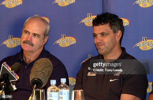 Leigh Matthews the Lions coach and Mark Williams the Port Power coach at a press conference for the Ansett Cup final at Football Park in Adelaide,...