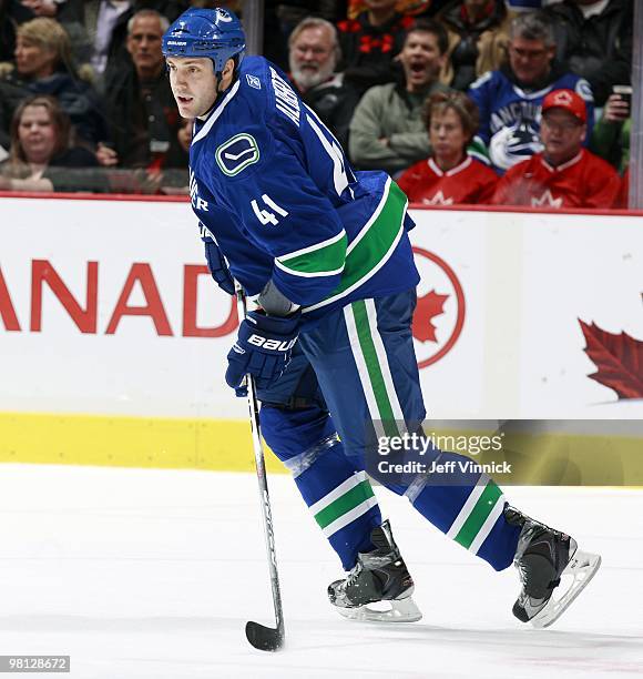 Andrew Alberts of the Vancouver Canucks skates up ice during their game against the Calgary Flames at General Motors Place on March 14, 2010 in...