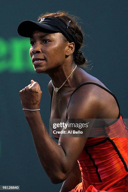 Venus Williams of the United States reacts after a shot against Daniela Hantuchova of Slovakia during day seven of the 2010 Sony Ericsson Open at...