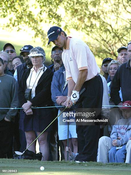 Retief Goosen putts with a fairway wood off the 17th green at East Lake Golf Club during third-round play in the 2004 PGA Tour Championship, November...