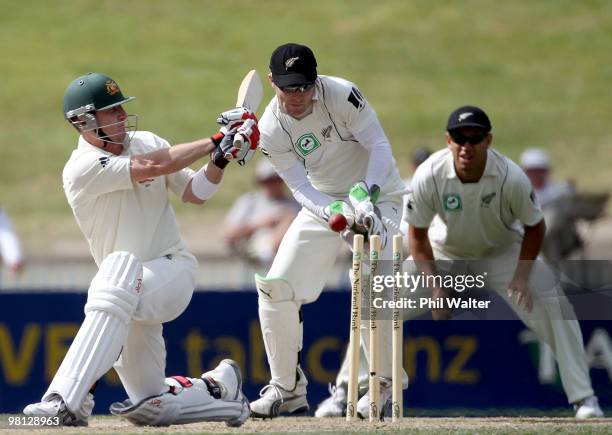 Brad Haddin of Australia is bowled by Jeetan Patel of New Zealand during day four of the Second Test match between New Zealand and Australia at...