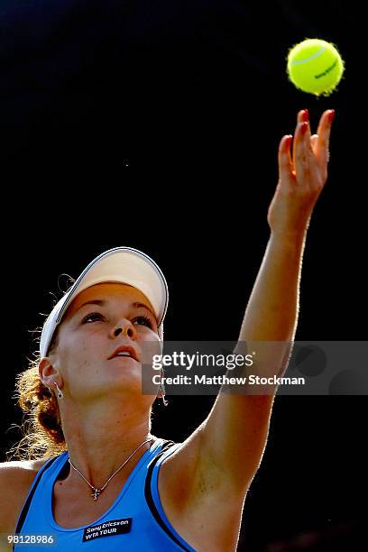Agnieszka Radwanska of Poland serves against Yaroslava Shvedova of Russia during day seven of the 2010 Sony Ericsson Open at Crandon Park Tennis...