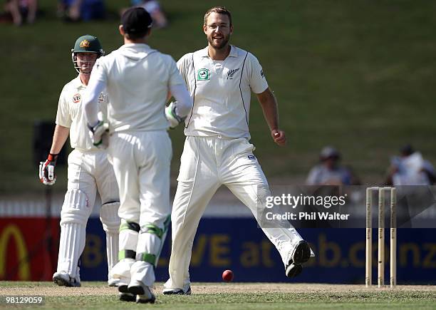 Daniel Vettori of New Zealand celebrates his wicket of Marcus North of Australia during day four of the Second Test match between New Zealand and...