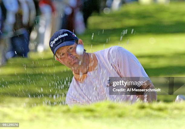 Retief Goosen blasts from the sand at East Lake Golf Club during third-round play in the 2004 PGA Tour Championship, November 6, 2004 in Atlanta,...