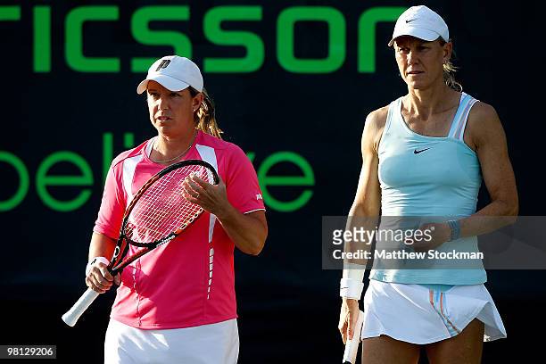 Lisa Raymond and Rennae Stubbs play against Liga Dekmeijere and Patty Schnyder during day seven of the 2010 Sony Ericsson Open at Crandon Park Tennis...