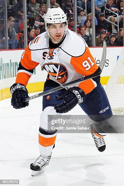 Forward John Tavares of the New York Islanders skates against the Columbus Blue Jackets on March 27, 2010 at Nationwide Arena in Columbus, Ohio.