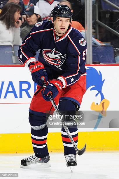 Defenseman Fedor Tyutin of the Columbus Blue Jackets skates against the New York Islanders on March 27, 2010 at Nationwide Arena in Columbus, Ohio.