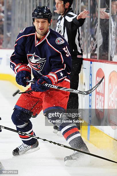 Defenseman Fedor Tyutin of the Columbus Blue Jackets skates with the puck against the New York Islanders on March 27, 2010 at Nationwide Arena in...