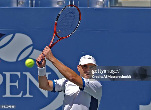 Andre Agassi defeats Xavier Malisse 6-3 6-4 6-7 4-6 6-2 in a men's fourth round match at the 2005 U. S. Open in Flushing, New York on September 5,...