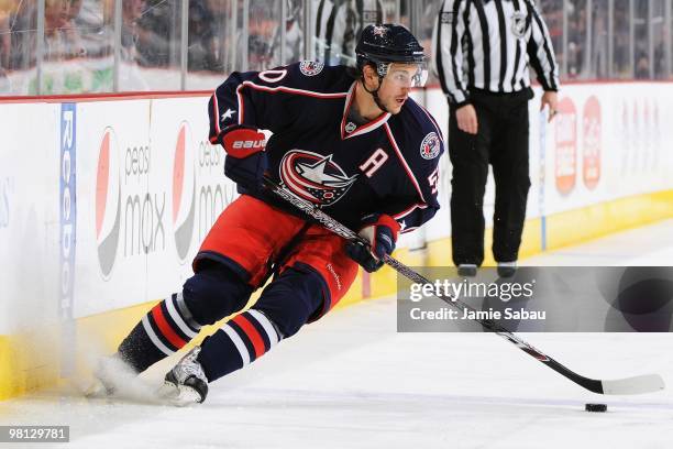 Forward Antoine Vermette of the Columbus Blue Jackets skates with the puck against the New York Islanders on March 27, 2010 at Nationwide Arena in...