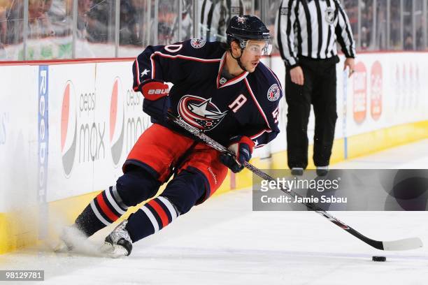 Forward Antoine Vermette of the Columbus Blue Jackets skates with the puck against the New York Islanders on March 27, 2010 at Nationwide Arena in...