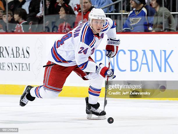 Ryan Callahan of the New York Rangers skates against the New Jersey Devils at the Prudential Center on March 25, 2010 in Newark, New Jersey.