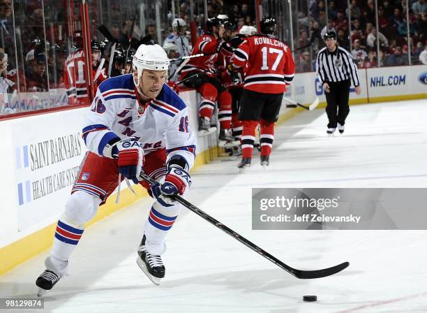 Sean Avery of the New York Rangers skates against the New Jersey Devils at the Prudential Center on March 25, 2010 in Newark, New Jersey.