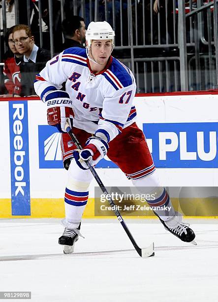 Brandon Dubinsky of the New York Rangers skates against the New Jersey Devils at the Prudential Center on March 25, 2010 in Newark, New Jersey.