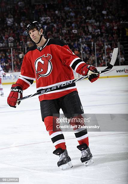 Brian Rolston of the New Jersey Devils skates against the New York Rangers at the Prudential Center on March 25, 2010 in Newark, New Jersey.