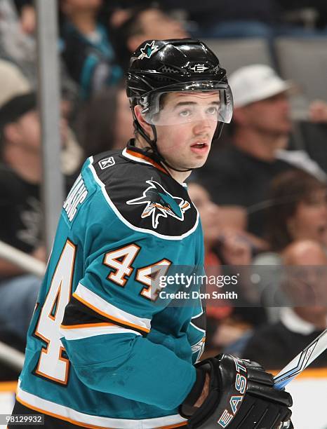 Marc-Edouard Vlasic of the San Jose Sharks waits for the faceoff against the Vancouver Canucks during an NHL game on March 27, 2010 at HP Pavilion at...