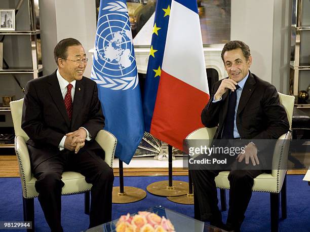 French President Nicolas Sarkozy meets with United Nations Secretary General Ban Ki-moon on March 29, 2010 in New York. During a two-day visit to the...