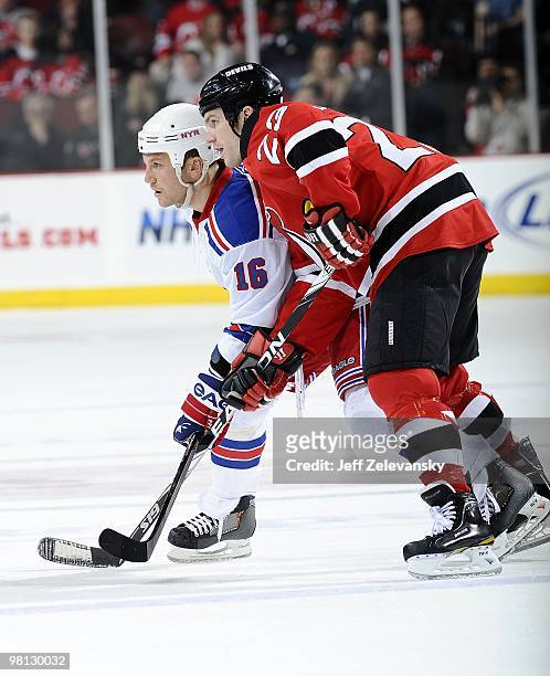 Sean Avery of the New York Rangers talks to David Clarkson of the New Jersey Devils at the Prudential Center on March 25, 2010 in Newark, New Jersey....