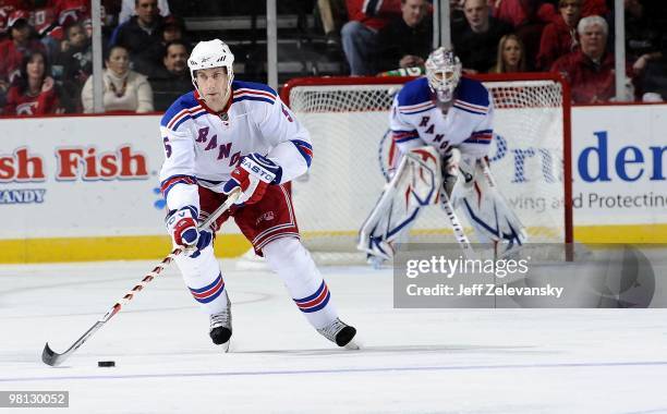 Dan Girardi of the New York Rangers skates against the New Jersey Devils at the Prudential Center on March 25, 2010 in Newark, New Jersey.