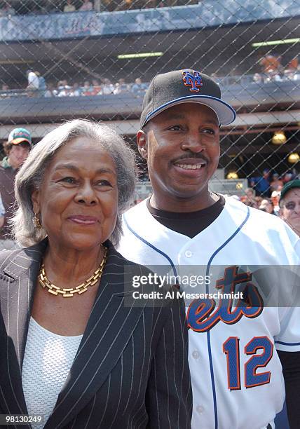 Rachel Robinson, the wife of Jackie Robinson, with New York Mets manager Willie Randolph during pre-game ceremonies honoring Robinson before the...