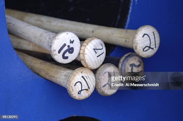 New York Mets Carlos Delgado lines up six bats for play against the Milwaukee Brewers April 15, 2006 at Shea Stadium. The Brewers defeated the Mets 8...