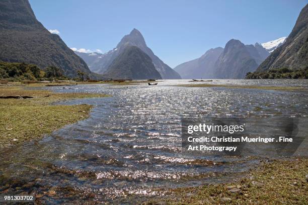 milford sound and mitre peak - glenn fine stock pictures, royalty-free photos & images