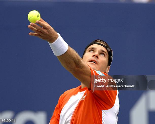 Tommy Haas sets to serve to Marat Safin during a fourth-round men's singles match September 5, 2006 during the 2006 US Open in Flushing Meadows, New...