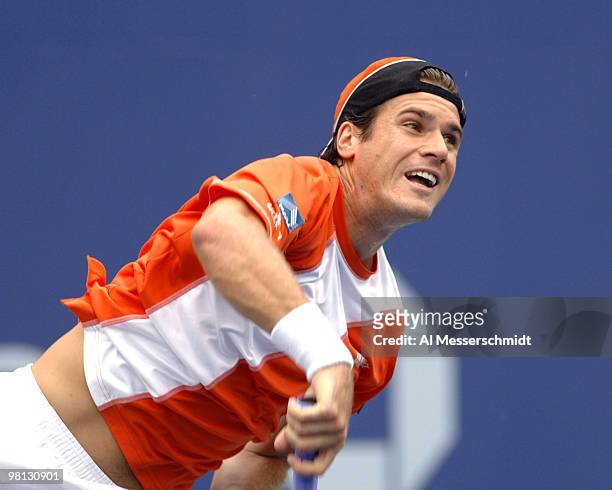 Tommy Haas follows a serve to Marat Safin during a fourth-round men's singles match September 5, 2006 during the 2006 US Open in Flushing Meadows,...
