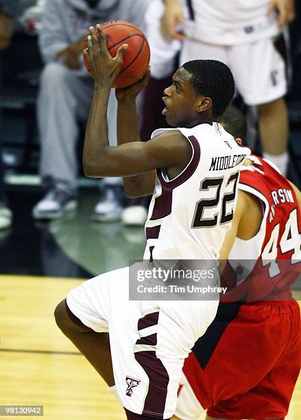 Khris Middleton of the Texas A&M Aggies goes up for a shot against the Nebraska Cornhuskers during the quarterfinals of the 2010 Phillips 66 Big 12...