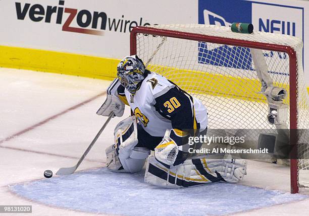 Buffalo Sabres goalie Ryan Miller blocks a shot during the SuperSkills competition during the 2007 NHL All-Star game at the American Airlines Center...