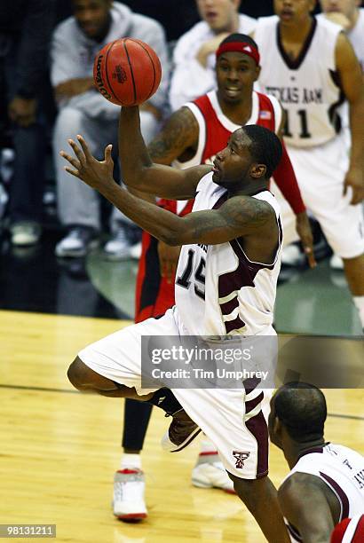 Donald Sloan of the Texas A&M Aggies goes up for a shot against the Nebraska Cornhuskers during the quarterfinals of the 2010 Phillips 66 Big 12...