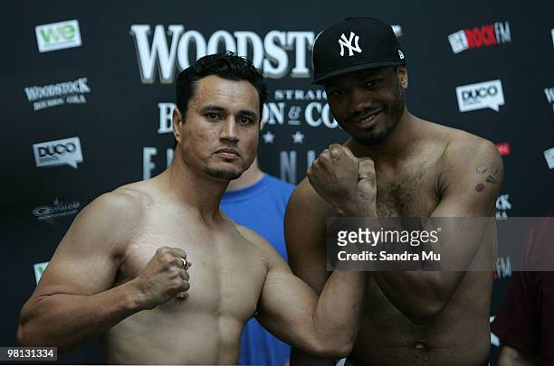 Undercard Oscar Siale of New Zealand and Jameson Bostic of USA face off during the weigh in for the David Tua and Friday Ahunanya fight at SkyCity on...