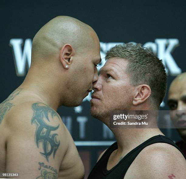 Undercard Israel Garcia of USA and Brett Smith face off during the weigh in for the David Tua and Friday Ahunanya fight at SkyCity on March 30, 2010...