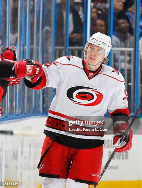 Jussi Jokinen of the Carolina Hurricanes celebrates his goal against the Atlanta Thrashers at Philips Arena on March 29, 2010 in Atlanta, Georgia.