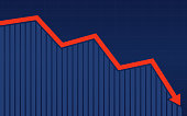 Abstract financial bar chart with red downtrend line arrow graph on blue color background