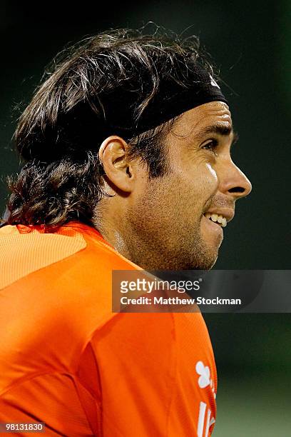 Fernando Gonzalez of Chile cools down between games against Juan Monaco of Argentina during day seven of the 2010 Sony Ericsson Open at Crandon Park...