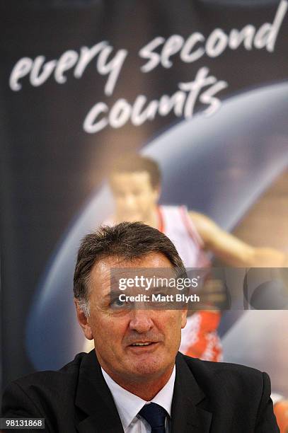 Ian Robilliard talks to the media after he was announced as Head Coach of the Sydney Kings NBL team at the Sydney Indoor Sports Centre on March 30,...