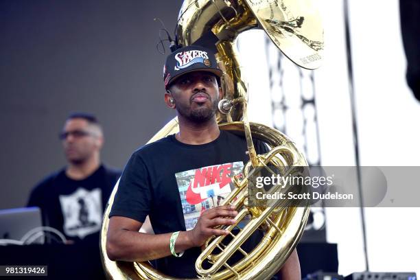 Musician Damon Bryson of The Roots performs onstage during Smokin' Grooves Festival at The Queen Mary on June 16, 2018 in Long Beach, California.