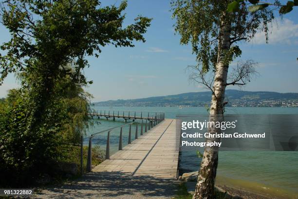 wooden pier on lake zurich, zurich, switzerland - lake zurich stock pictures, royalty-free photos & images