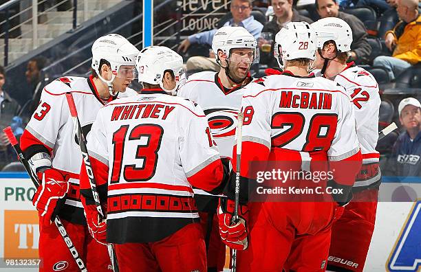 Erik Cole of the Carolina Hurricanes celebrates his goal against the Atlanta Thrashers with his teammates at Philips Arena on March 29, 2010 in...