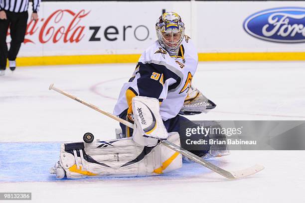 Ryan Miller of the Buffalo Sabres makes a save against the Boston Bruins at the TD Garden on March 29, 2010 in Boston, Massachusetts.