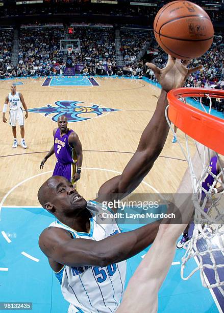 Emeka Okafor of the New Orleans Hornets goes up for a layup against the Los Angeles Lakers on March 29, 2010 at the New Orleans Arena in New Orleans,...