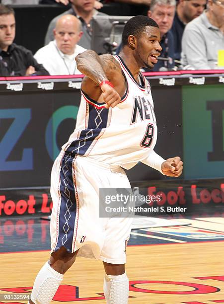 Terrence Williams of the New Jersey Nets reacts after winning against the San Antonio Spurs on March 29, 2010 at the IZOD Center in East Rutherford,...