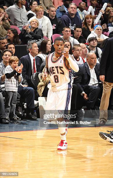 Terrence Williams of the New Jersey Nets reacts after winning against the San Antonio Spurs on March 29, 2010 at the IZOD Center in East Rutherford,...
