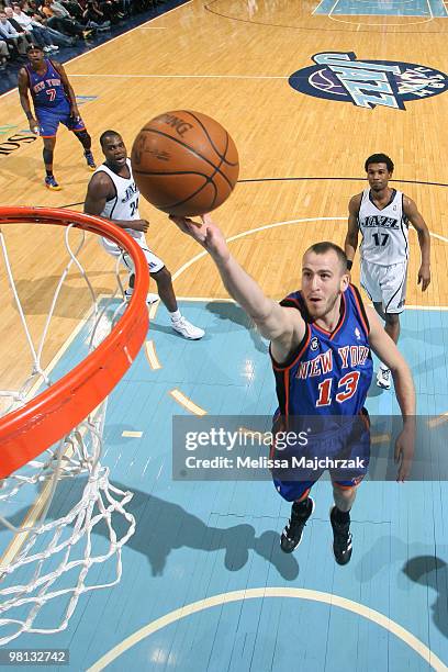 Sergio Rodriguez of the New York Knicks goes up for the shot against the Utah Jazz at EnergySolutions Arena on March 29, 2010 in Salt Lake City,...