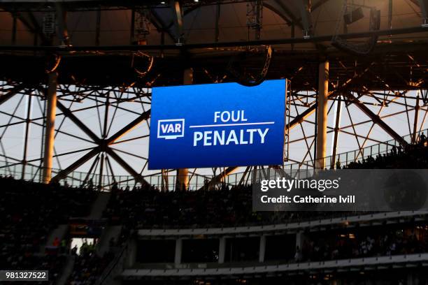 The big screen inside the stadium shows that a VAR review has resulted in Iceland being awarded a penalty during the 2018 FIFA World Cup Russia group...