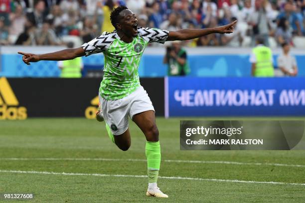 Nigeria's forward Ahmed Musa celebrates after scoring their second goal during the Russia 2018 World Cup Group D football match between Nigeria and...