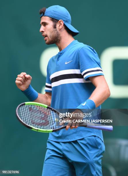 Karen Khachanov from Russia reacts during his match against Roberto Bautista Agut from Spain at the ATP Gerry Weber Open tennis tournament in Halle,...