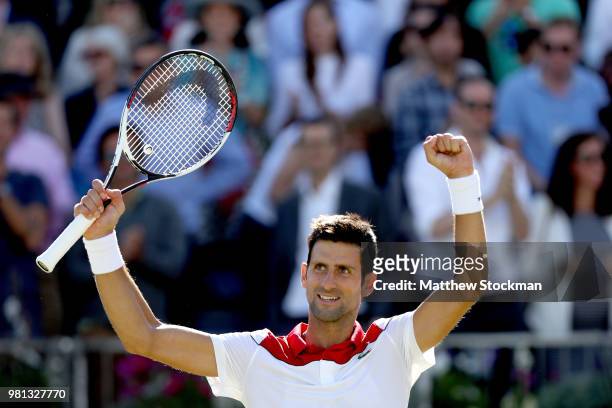 Novak Djokovic of Serbia celebrates his win during his men's singles quarterfinal match against Adrian Mannarino of France on Day Five of the...